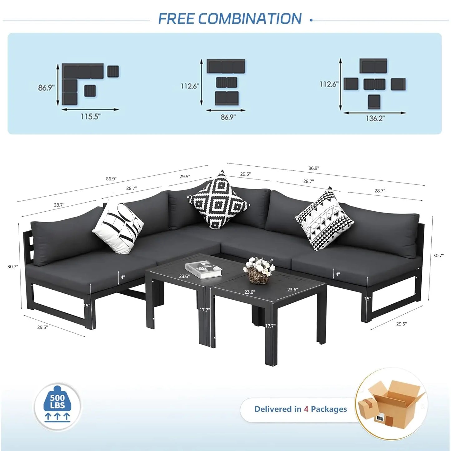 5 Person Luxury Aluminum Outdoor Sectional Sofa with Side Table, Large L Shaped Patio Furniture Set, 29" Deep Wide, Customized