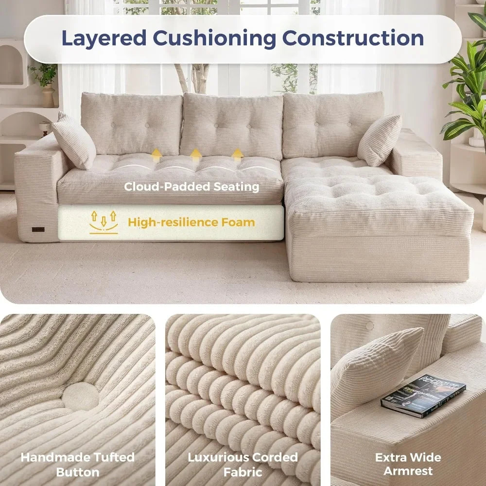 104" L-Shaped Modular Sectional Sofa with Ottoman, Cloud Couch, No Assembly, Beige for Living Room