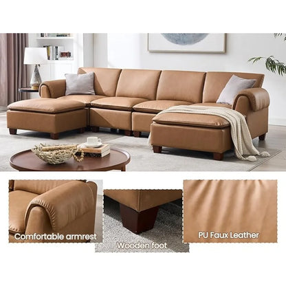 Modern Cloud Couch with Ottoman, 85 Inch Modular Sectional Sofa 3 Seat U Shaped with Waterfall Armrest Cushion Bac