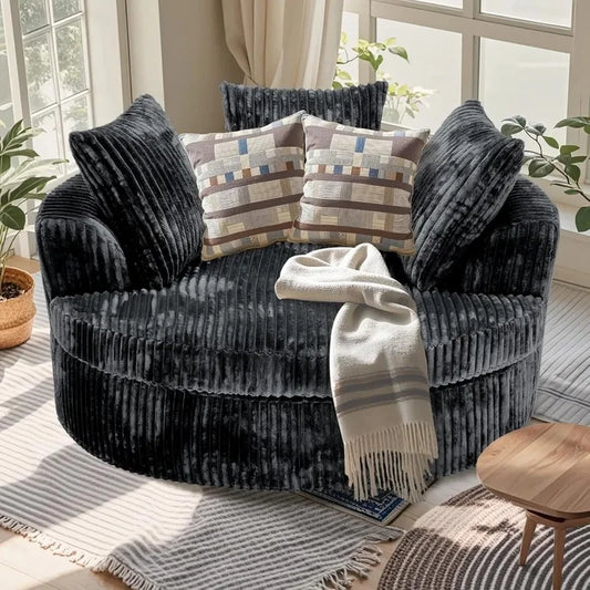 Oversized 59 Inch Indoor Chaise Lounge Chair, Round Corduroy Sofa Bed with Backrest and Throw Pillows