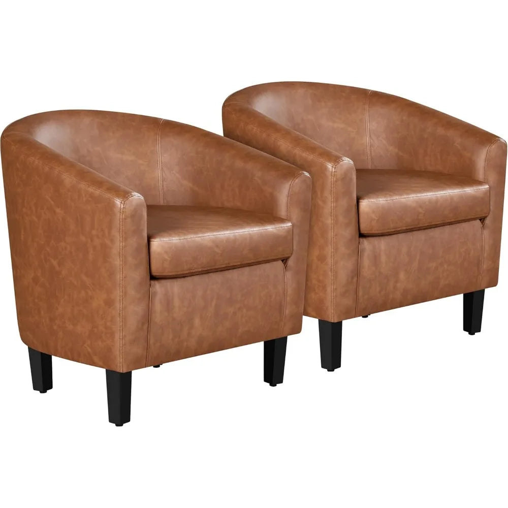Brown Accent Chairs Set Of 2 Faux Leather Barrel Chairs Comfy Modern Leather Club Armchairs With Soft Seat For Living Room