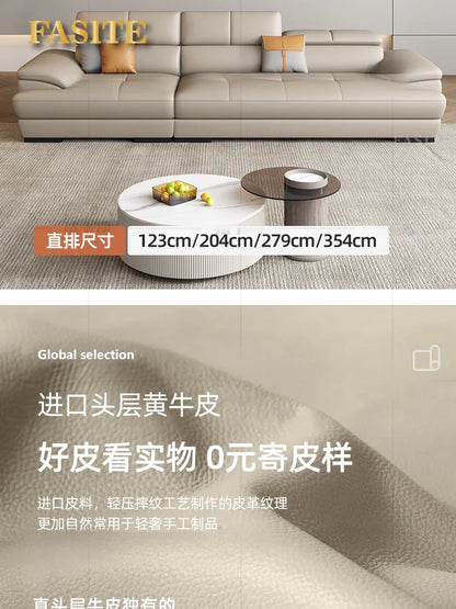 Nordic leather sofa with cowhide top layer, simple modern size, living room, Italian minimalist cream style leather sofa