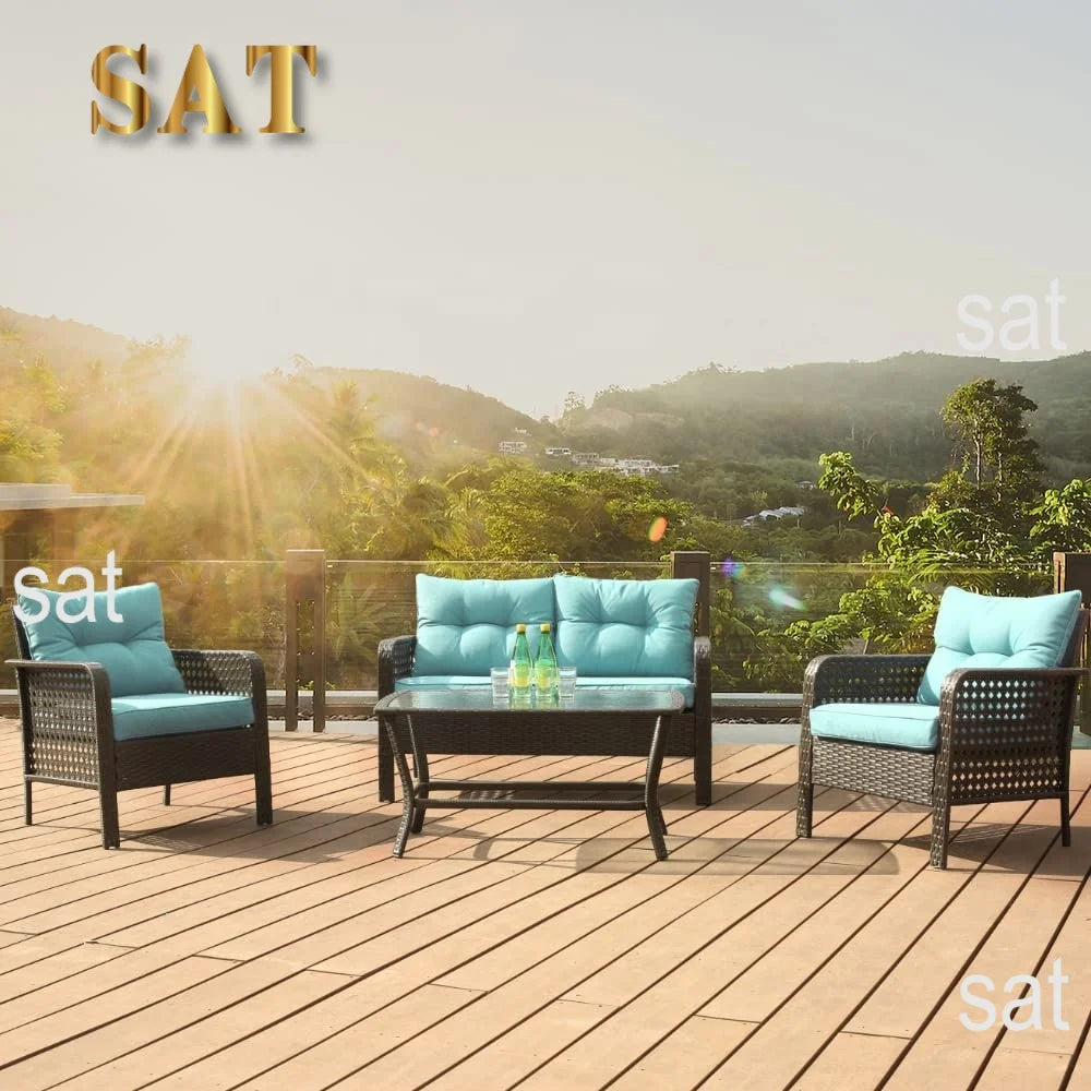 # New Arrival 4-Piece Rattan Patio Conversation Set With Blue Cushions