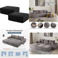 Modern Sectional Sleeper Sofa Bed 3-Seater Grey Lounge Couch Corduroy Convertible Sponge Compression Modular Sofas Chaise Home