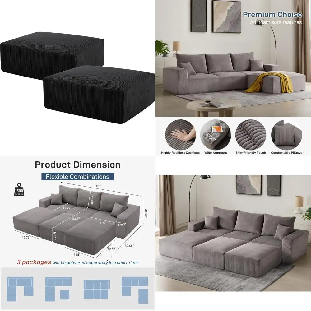 Modern Sectional Sleeper Sofa Bed 3-Seater Grey Lounge Couch Corduroy Convertible Sponge Compression Modular Sofas Chaise Home