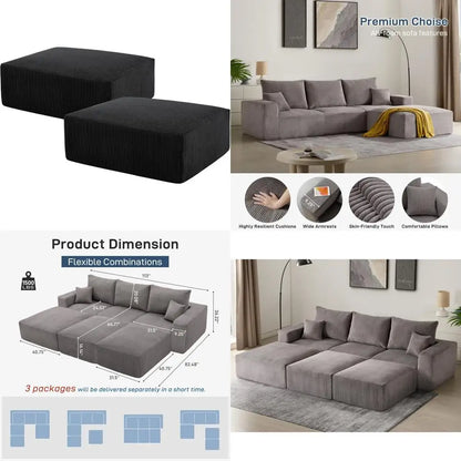 Modern Sectional Sleeper Sofa Bed 3-Seater Grey Lounge Couch Corduroy Convertible Sponge Compression Modular Sofas Chaise Home
