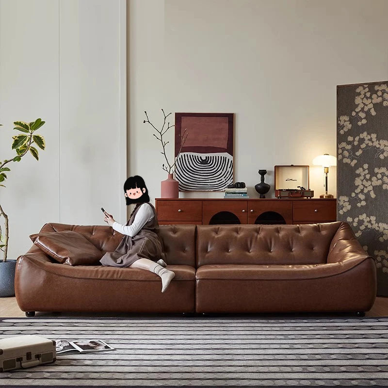Retro oil wax leather sofa, small apartment living room straight row sofa, large sitting depth movable backrest medium ancient