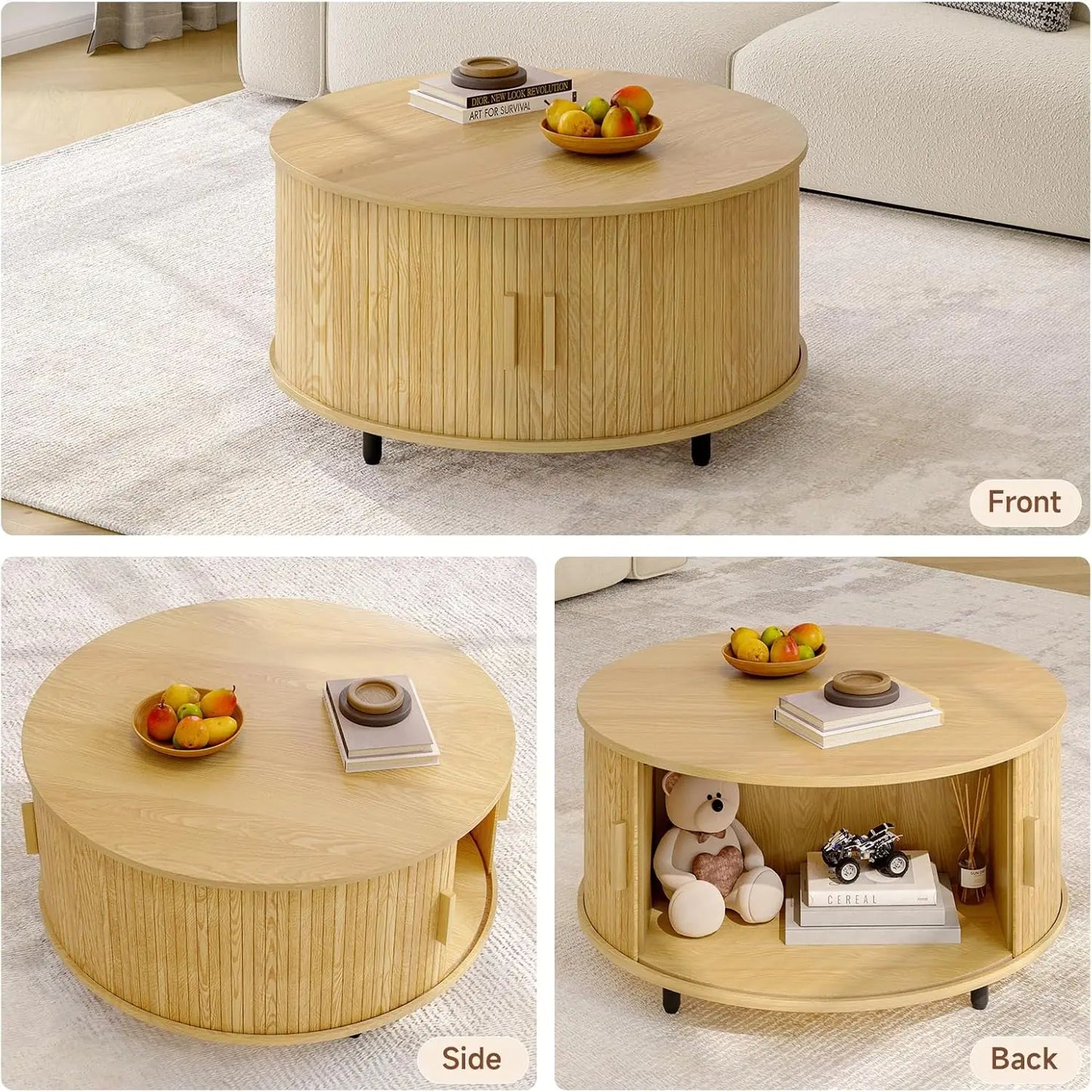 Round Coffee Table with Storage, 31.5" Modern Coffee Table with 360° Curved Sliding Door, Fluted Wood Accent Coffee Table with