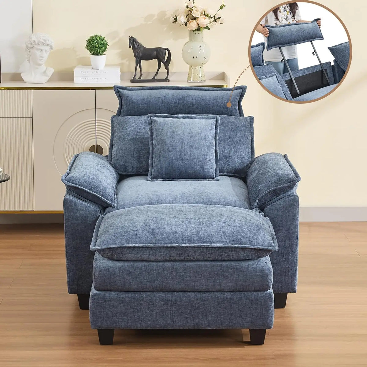 46''Cloud Oversized Sofa Chair with Detachable Headrest, Upholstered Comfy Arm Accent Chair with Ottoman,Modern, Customized