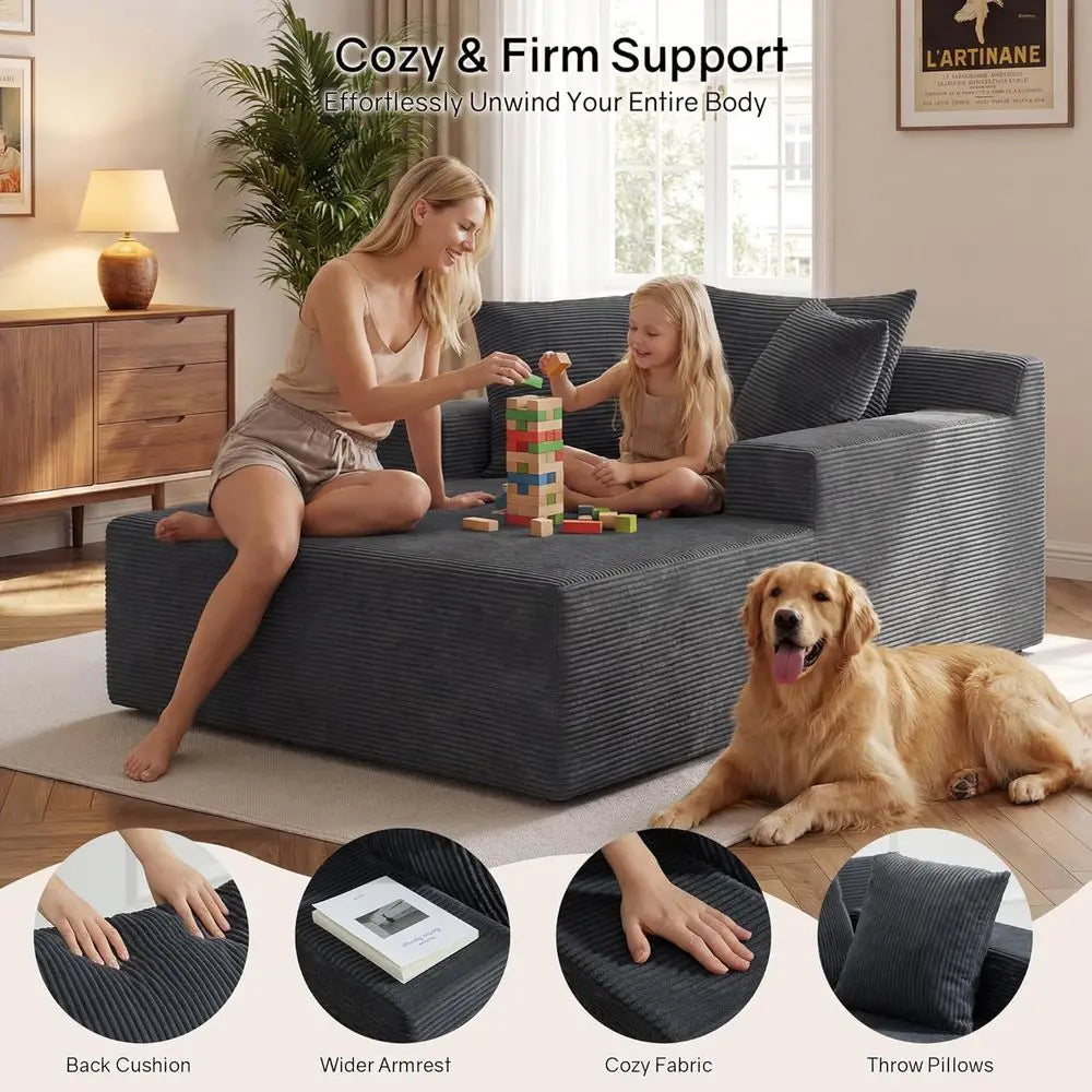 66 Oversized Chaise Lounge Chair Indoor, Plush Corduroy Cloud Reading Chair, 3 Pillows Included, Deep Seat Sleeper Couch for Liv