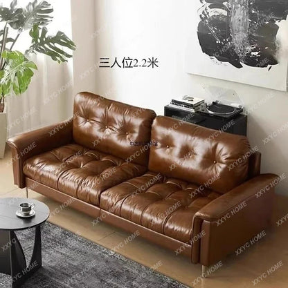 TTTTMedieval Oil Wax Leather Creative Sofa Living Room Retro Old Caramel Color Large Straight Row Sofa
