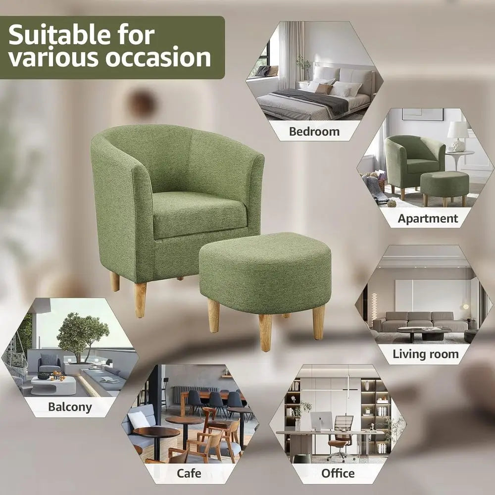 Elegant Upholstered Barrel Chair with Ottoman, Comfortable for Living Room or Bedroom, Green