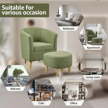 Elegant Upholstered Barrel Chair with Ottoman, Comfortable for Living Room or Bedroom, Green