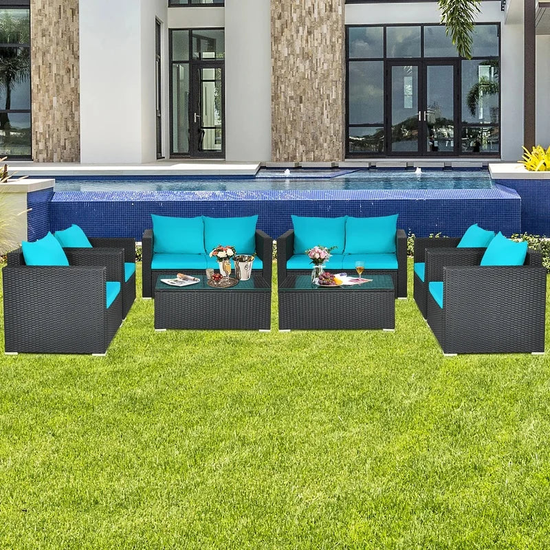 Turquoise Rattan Sofa Set with Cushions and Coffee Table - 8 Piece Patio Furniture