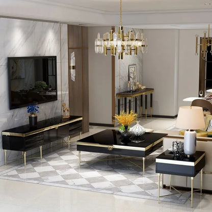 Luxury modern Italian design black glass stainless steel high-grade metal coffee table living room furniture gold coffee table