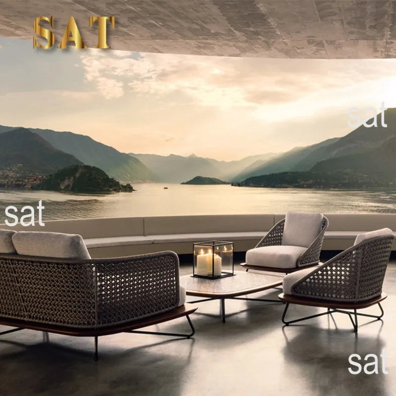 #All Weather Outdoor Lounge Sofa Set L-Shaped Corner Aluminum Frame With Rope Weaving For Patio Hotels