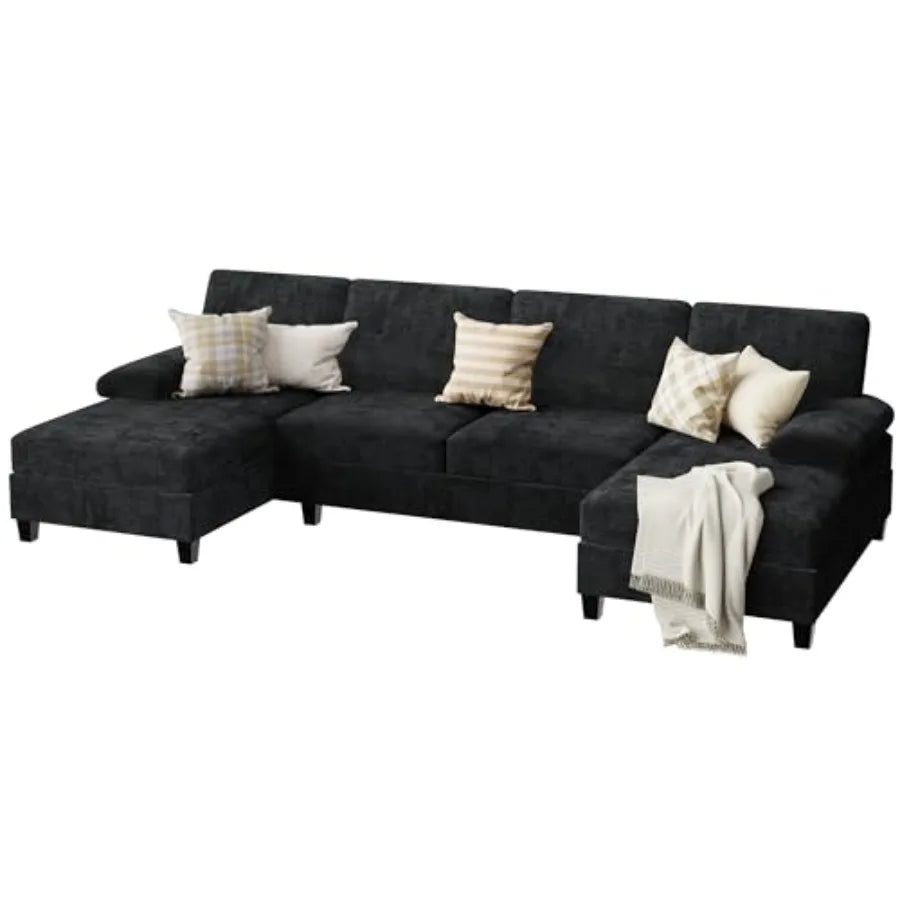 Sectional Couches for Living Room Convertible U-Shaped Sofa with Double Chaise 4 Seat Modular Sofa Set for Apartment Black