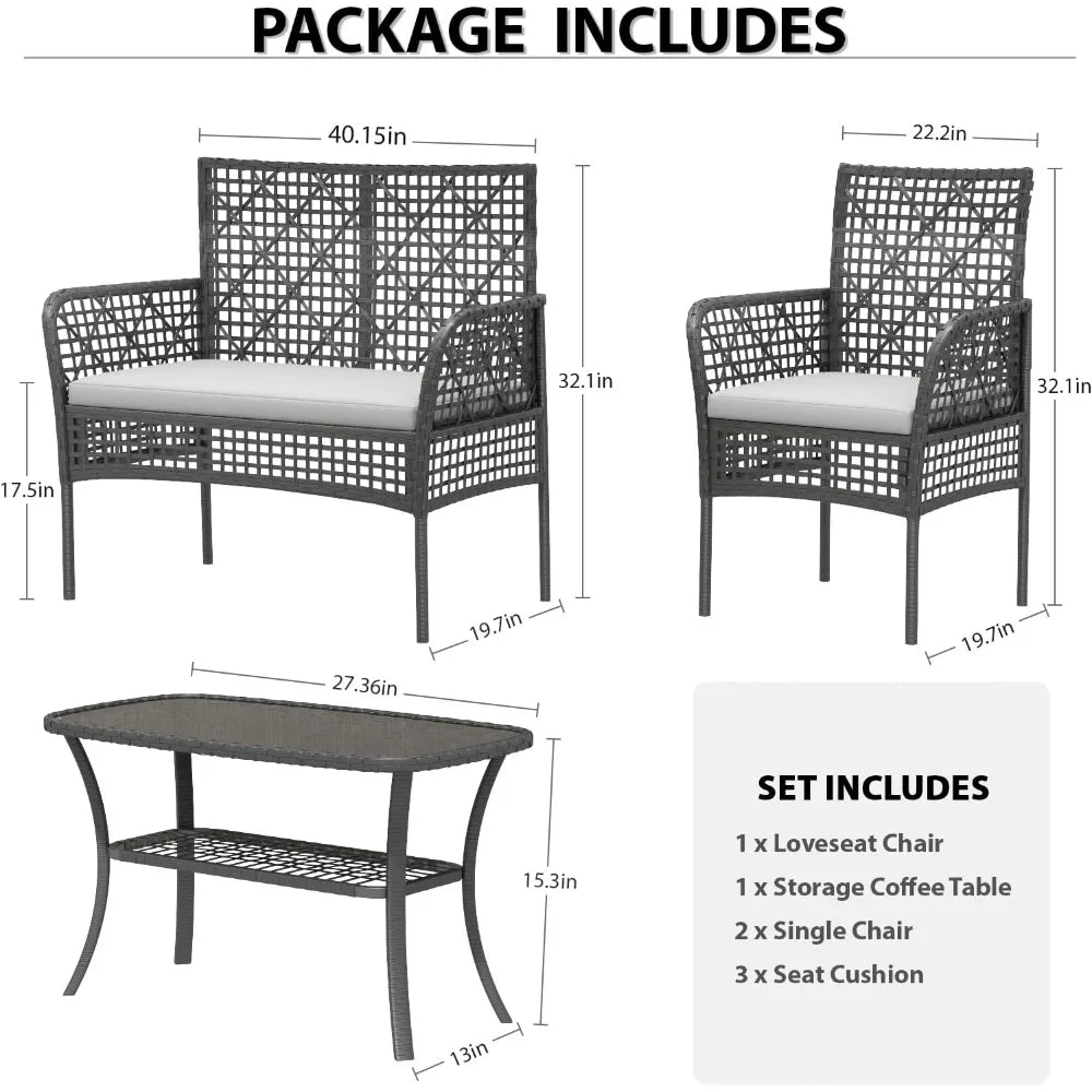 4-Piece Rattan Patio Sofa Furniture Set with Two-Tier Coffee Table, Weather-Resistant Upholstered Couch, Openwork Wicker Convers