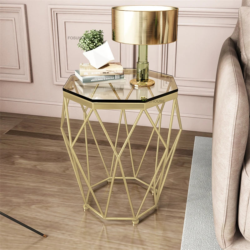 Nordic Light Luxury Tempered Glass Coffee Tables Small Apartment Sofa Side Table Simple Iron Corner Table Living Room Furniture