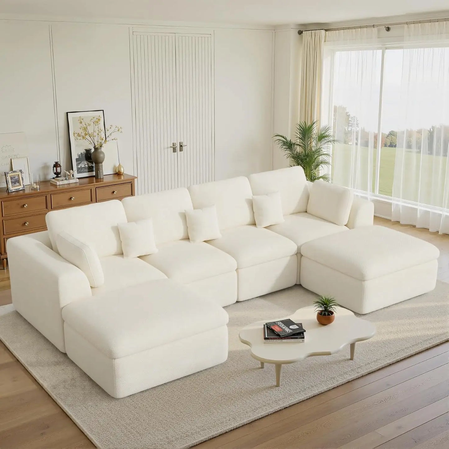 144" Cloud Sectional Couches for Living Room, Convertible U-Shape Couch with Ottoman, 6 Seater Modular Sectional Sofa,Beige