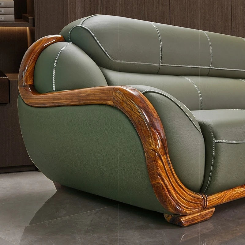Ebony leather sofa first layer cowhide new Chinese high-end villa living room large apartment solid wood