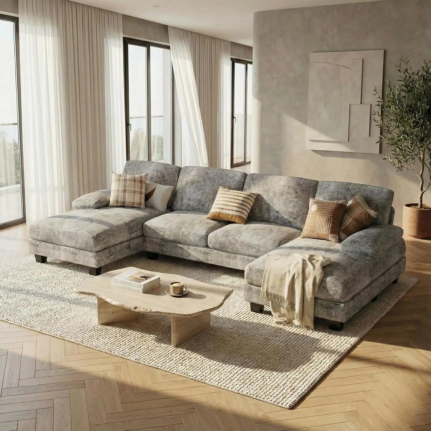 U-shaped Sectional Sofa, Comfortable Chenille Four-seat Sofa Set, with Removable Cushions, Customizable.