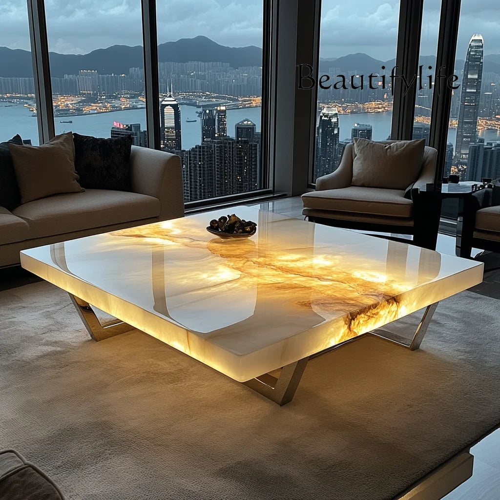 French square luminous jade luxury stone coffee table advanced modern natural marble living room minimalist