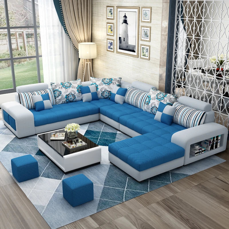 European Luxury Living Room Sofas 7 Seater U Shaped Home Furniture Wooden Fabric Armchair Corner Recliner Sectional  Sofa Set