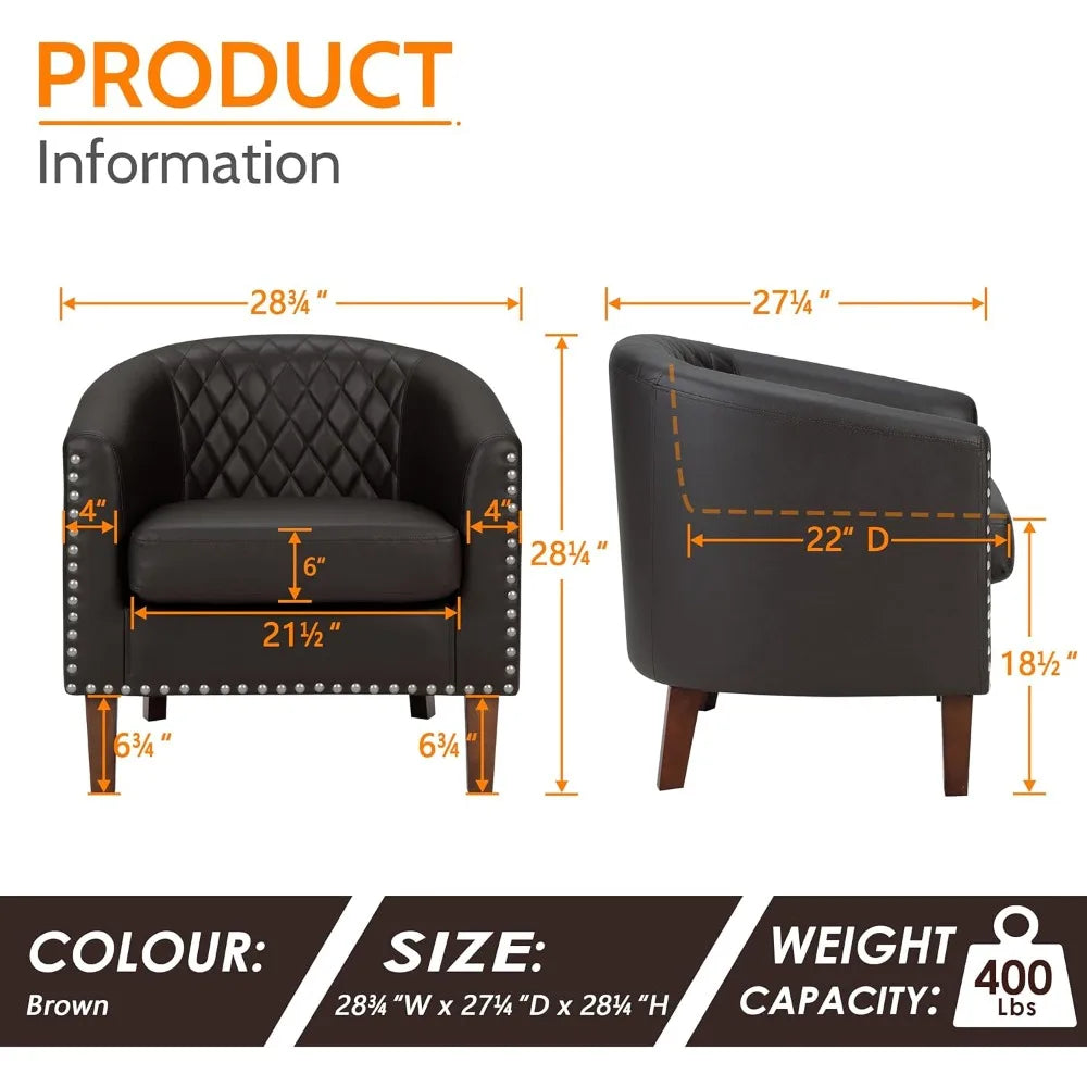Faux Leather Club Chair with Cushion, Comfortable Accent Living Room Furniture, Diamond Stitching, Nailhead Trim, Stylish Seatin