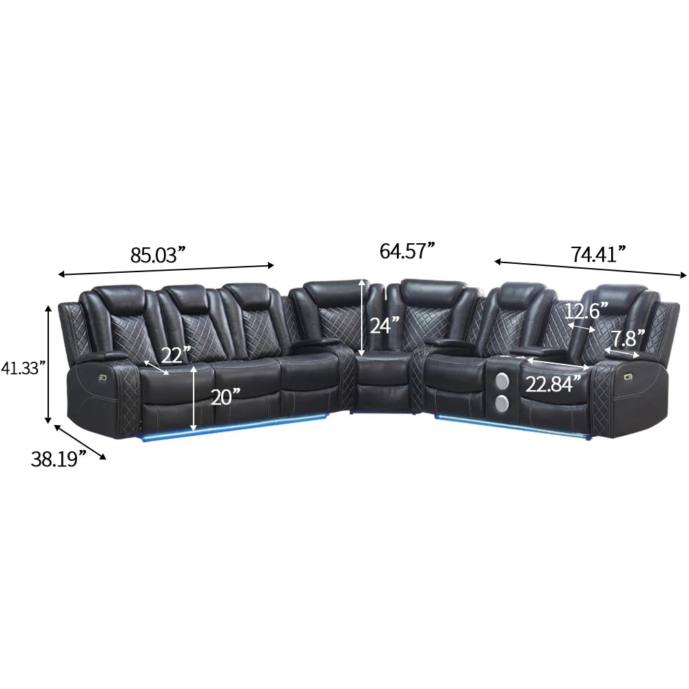 Power Reclining Sofa Couch with Wireless Charger 3 Seaters Recliner  Reading Light Leather Bluetooth Speaker Theater Seating LED