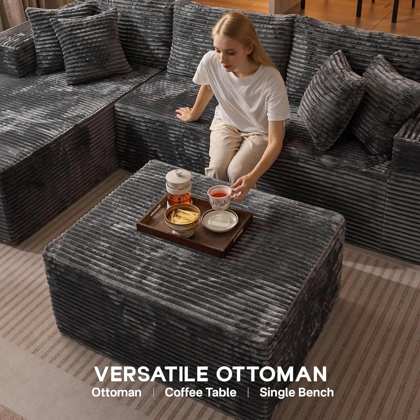 Modern Minimalist Sectional Sofa: L-Shape Cloud Couch with Deep Seats Right Chaise - Black