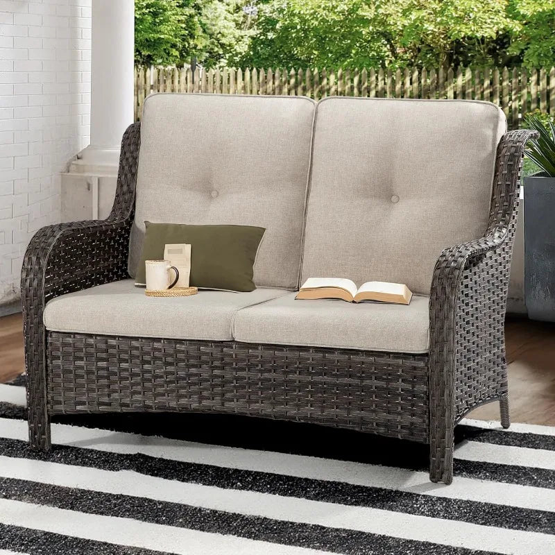 Outdoor Patio Wicker Loveseat Sofa - 2-Seater Rattan Sofa for Outside Patio Garden with Deep Seating and Olefin