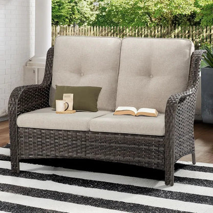 Outdoor Patio Wicker Loveseat Sofa - 2-Seater Rattan Sofa for Outside Patio Garden with Deep Seating and Olefin