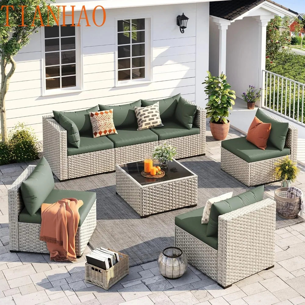 Outdoor Patio Furniture Set, 7-Piece PE Wicker Sectional Sofa with Tea Table, Outdoor Conversation Set for Patio,