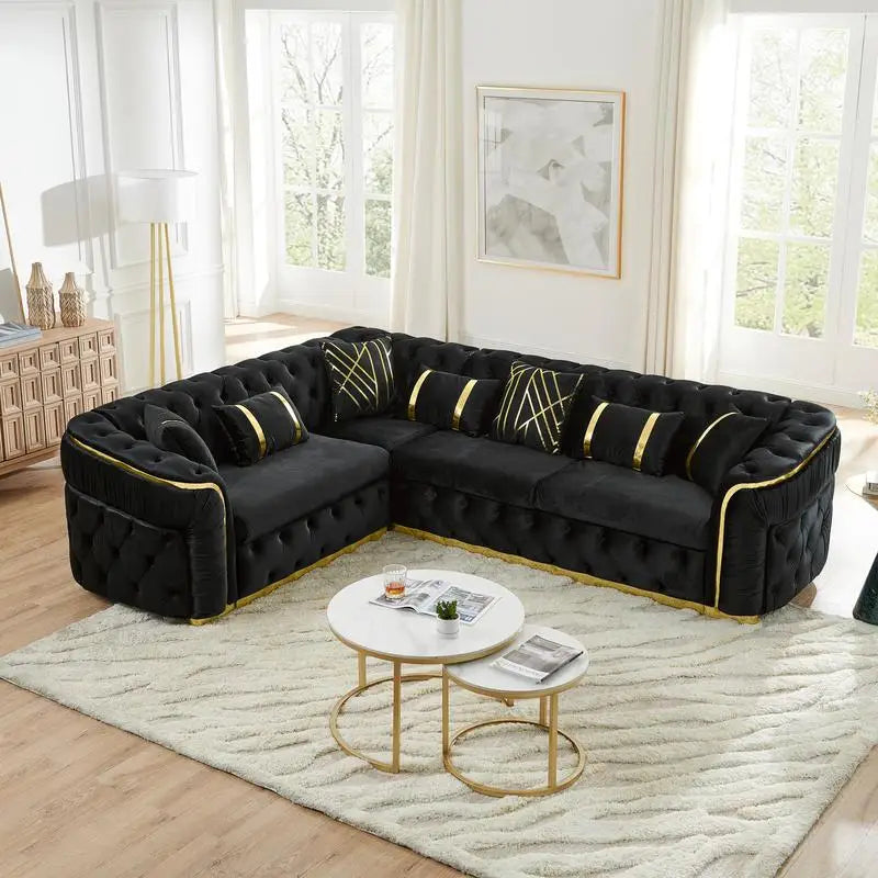 110.5" Luxury Velvet L-Shaped Chesterfield Sofa With Gold Stainless Steel Accents Divano Soggiorno Apartment Furniture Couch