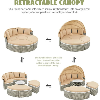 All-Weather Patio Round Outdoor Sectional Sofa Set with Retractable Canopy,Rattan Daybed Two-Tone Weave Sunbed with Separate Se
