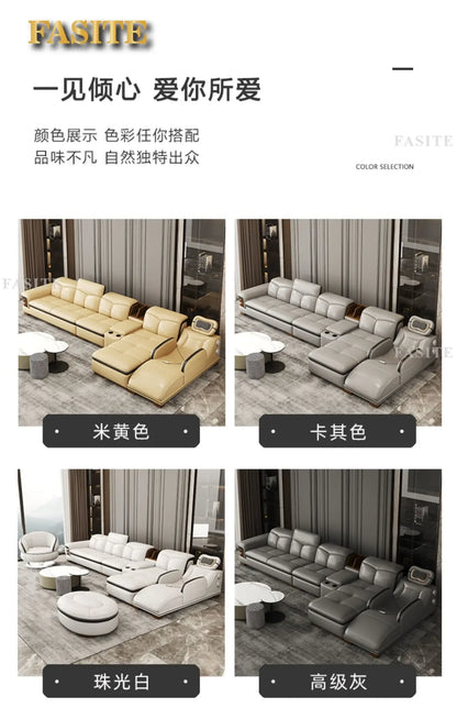 Smart Leather Sofa Massage for Left and Right Noblewomen, Cowhide Solid Wood Living Room Corner Small Unit