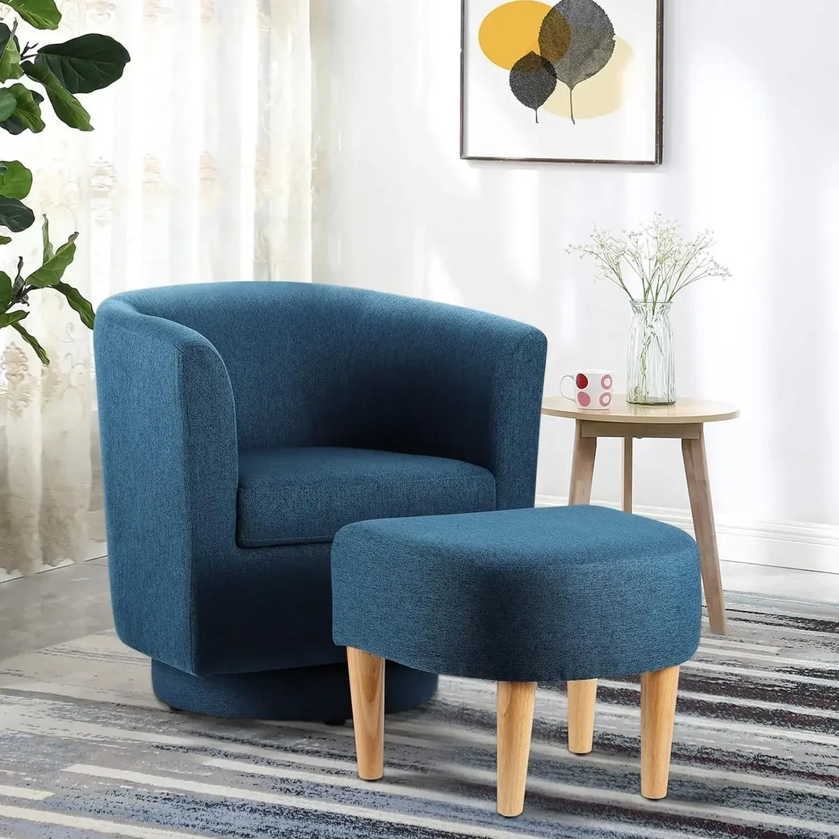 Chair Set of 2, Modern Swivel Chair with Ottoman, Comfy Armchair, Barrel Round Sofa Chair for Bedroom, Green