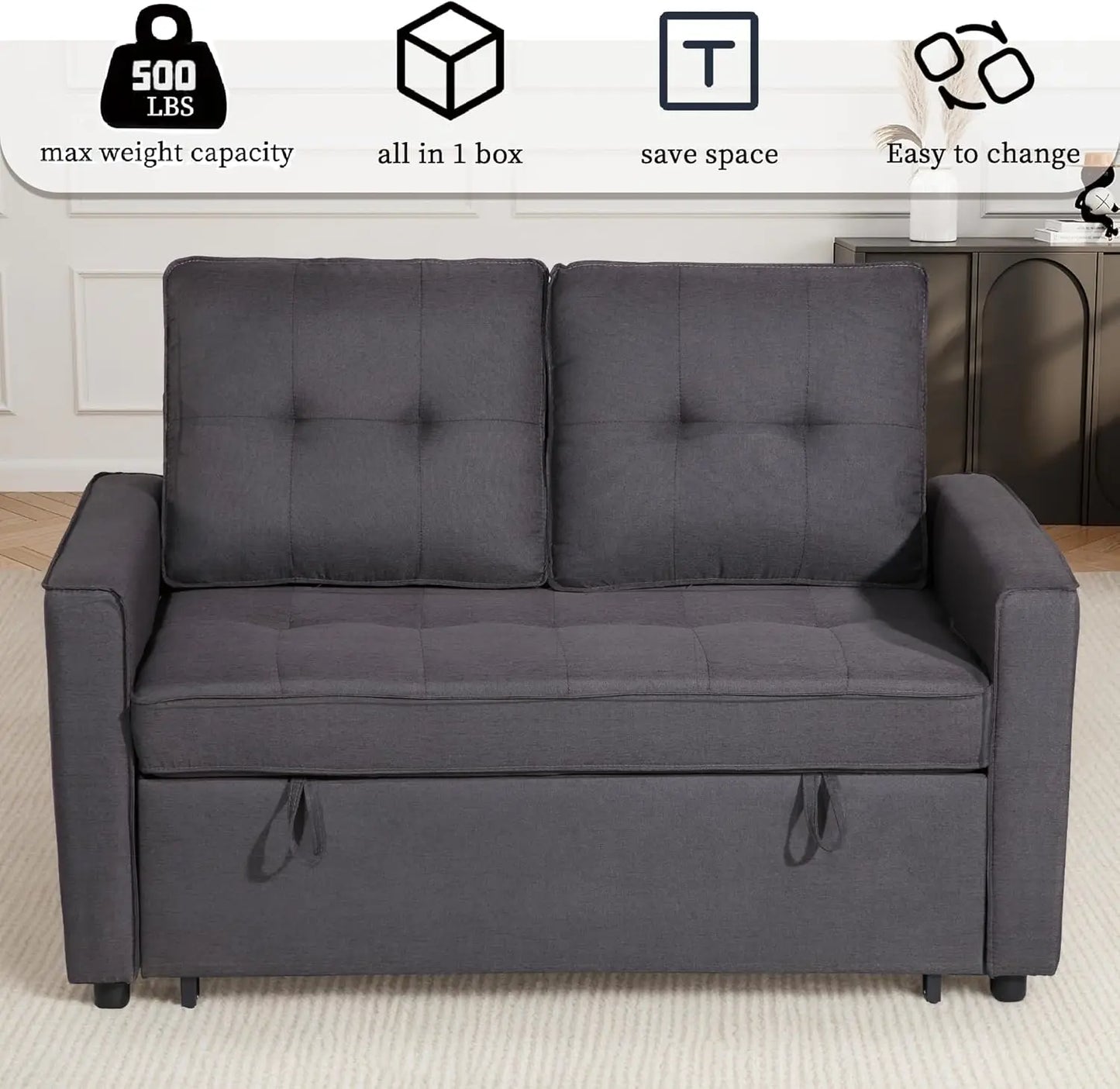 Convertible Sofa Bed with USB, Reclining Backrest & Storage Pockets - 3-in-1 Sleeper for Small Spaces (Dark Grey)