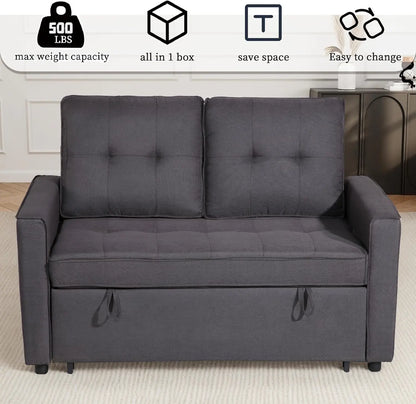 Convertible Sofa Bed with USB, Reclining Backrest & Storage Pockets - 3-in-1 Sleeper for Small Spaces (Dark Grey)