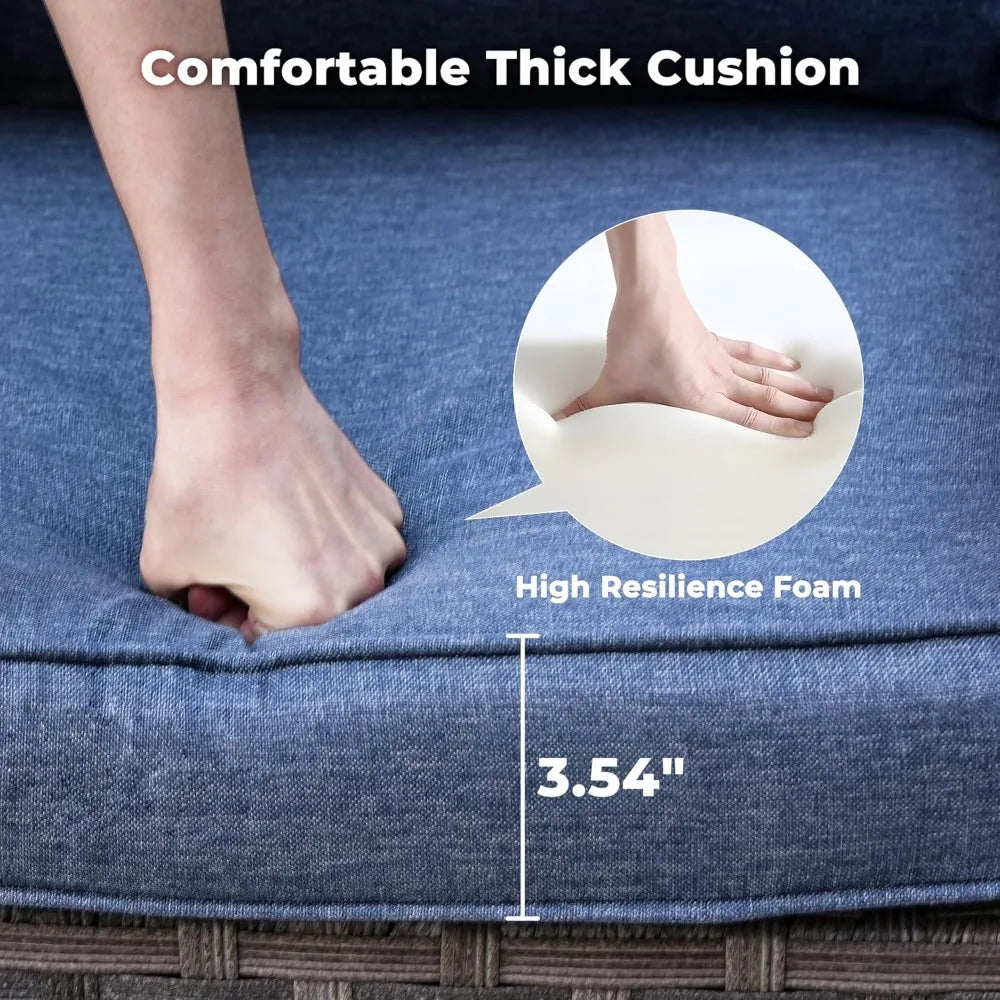 Patio Rocking Chair, Outdoor Wicker Rattan Chair with Comfortable Cushions and Deep Seat for Porch Garden Deck, Denim Blue