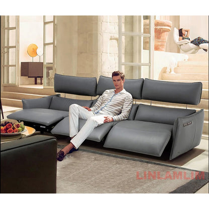 QY Dual Motor Power Reclining Genuine Leather Sectional Sofa with Adjustable Headrests, L-Shaped Corner Couch with Chaise Lounge