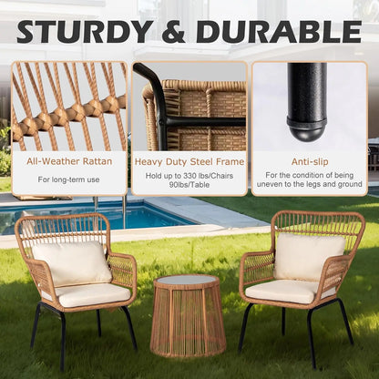 3 Piece Outdoor Wicker Furniture Set, Rattan Chairs and Table for Balcony Poolside Backyard, Yellow/Beige Patio Bistro