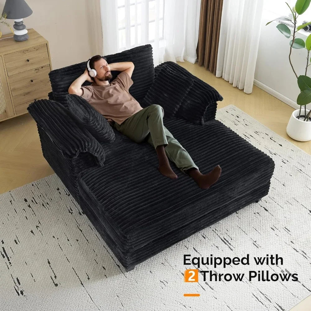 56" Oversized Chaise Lounge Chair, Black Comfy Corduroy Chaise Sofa Recliner Bed Upholstered Sleeper Couch Bed with Throw Pillow