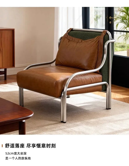 Mid-style leather single sofa lounge chair stainless steel brown leather art c hair