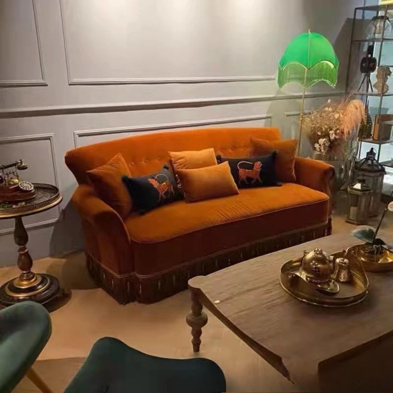 American single and double three people, small apartment retro, pull button tassel, living room high back fabric sofa