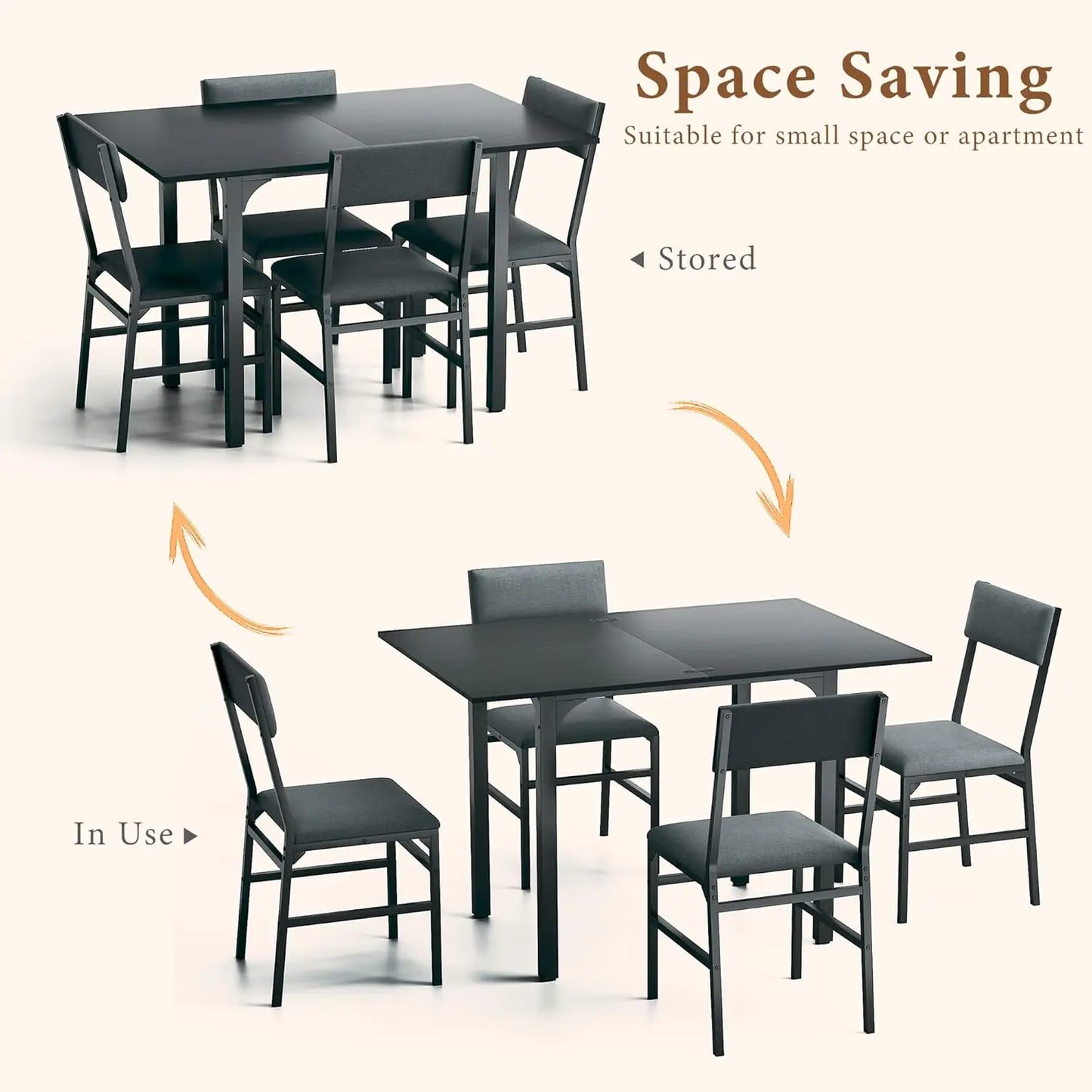 Dining Table Set for 4, Extendable Kitchen Table Cushion Chairs Set of 4, Rectangle Dining Table with Metal Frame & MDF Board
