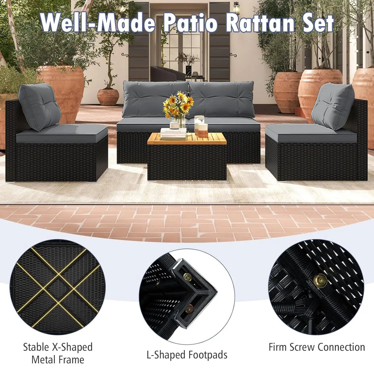 5pc PE Rattan Sectional Set 4 Armless Sofas Acacia Table Cushioned Garden Poolside Backyard Grey Customized