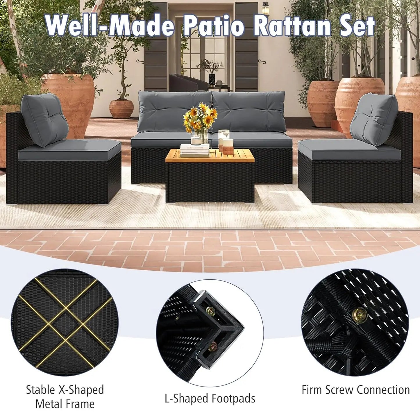 5pc PE Rattan Sectional Set 4 Armless Sofas Acacia Table Cushioned Garden Poolside Backyard Grey Customized