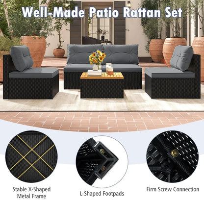 5pc PE Rattan Sectional Set 4 Armless Sofas Acacia Table Cushioned Garden Poolside Backyard Grey Customized